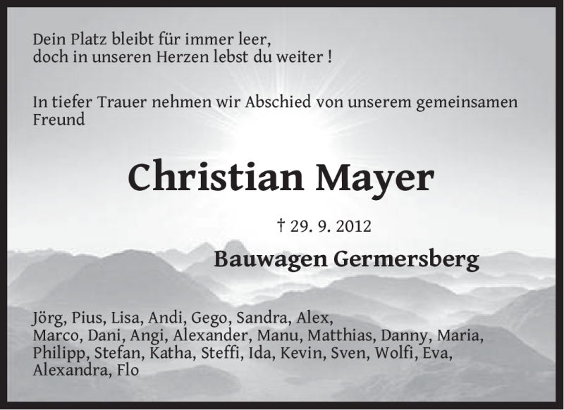  Traueranzeige für Christian Mayer vom 03.10.2012 aus Pegnitz-Zeitung